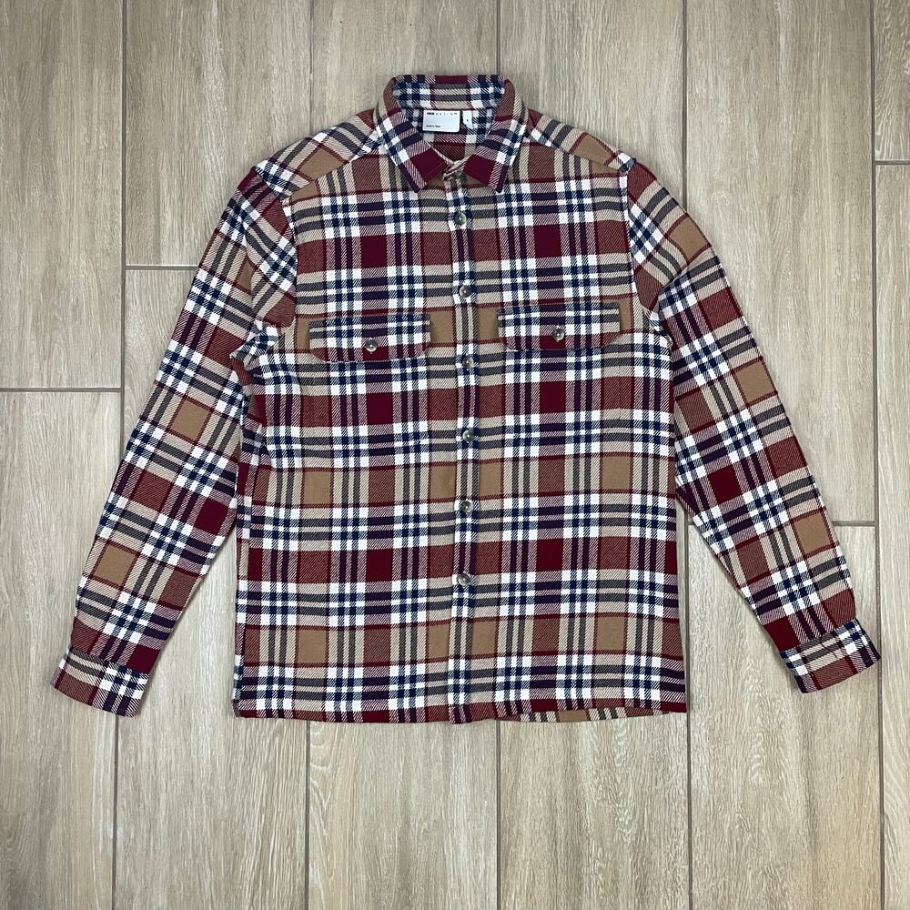 ASOS DESIGN Plaid Flannel Shacket Mens M Brown Burgundy Button Up Overshirt